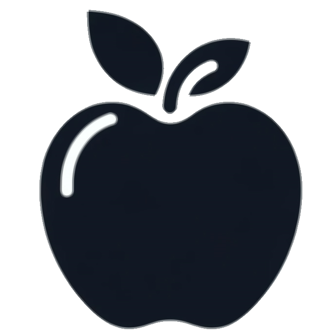 This is a black icon style image of an apple with a stalk and single leaf.